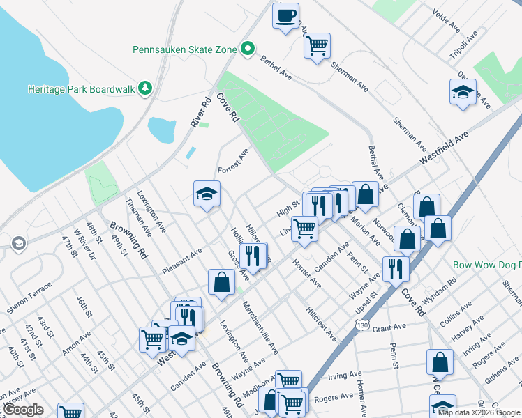 map of restaurants, bars, coffee shops, grocery stores, and more near 6113 High Street in Pennsauken Township
