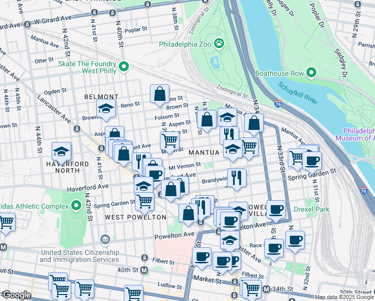 map of restaurants, bars, coffee shops, grocery stores, and more near 3804 Melon Street in Philadelphia