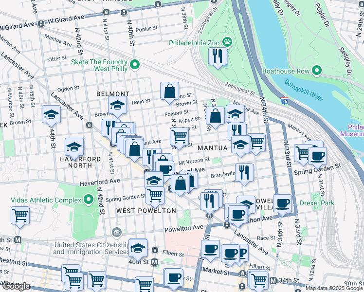 map of restaurants, bars, coffee shops, grocery stores, and more near 3871 Melon Street in Philadelphia