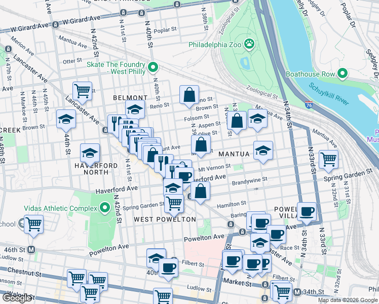 map of restaurants, bars, coffee shops, grocery stores, and more near 3909 Melon Street in Philadelphia