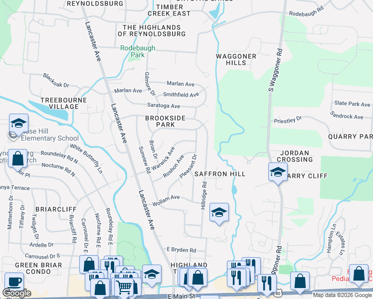 map of restaurants, bars, coffee shops, grocery stores, and more near 7407 Roshon Avenue in Reynoldsburg