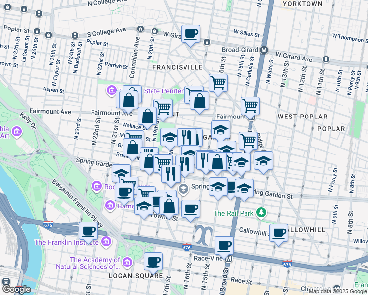 map of restaurants, bars, coffee shops, grocery stores, and more near 1710 Mount Vernon Street in Philadelphia
