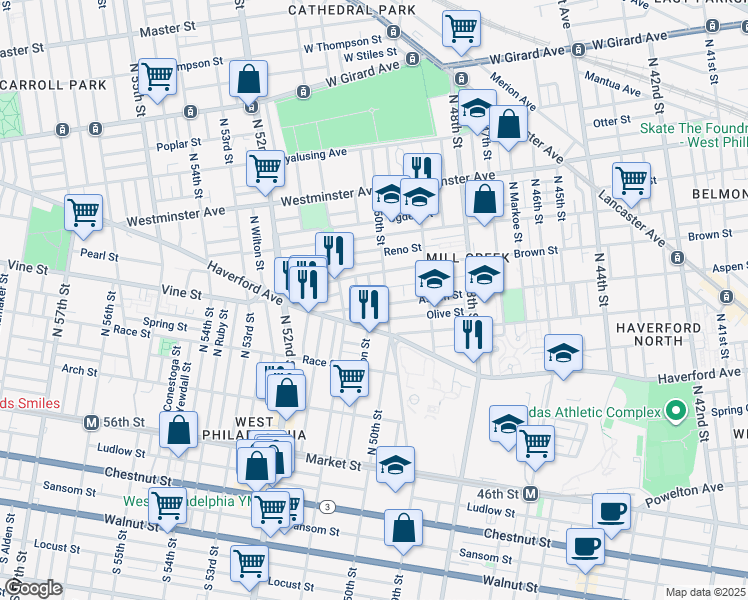 map of restaurants, bars, coffee shops, grocery stores, and more near 5015 Aspen Street in Philadelphia