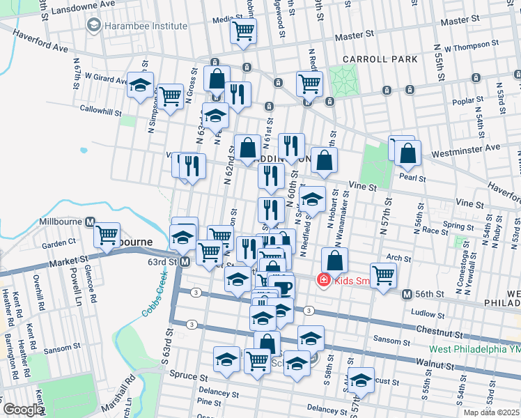 map of restaurants, bars, coffee shops, grocery stores, and more near 155 North 61st Street in Philadelphia