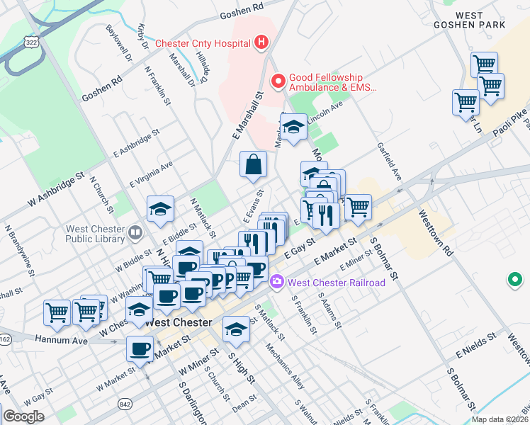 map of restaurants, bars, coffee shops, grocery stores, and more near 300 East Evans Street in West Chester