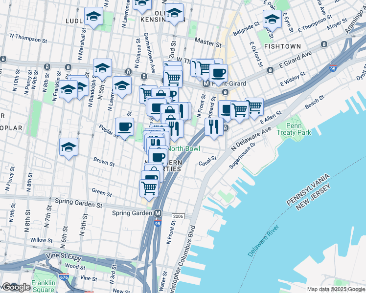 map of restaurants, bars, coffee shops, grocery stores, and more near 123 West Laurel Street in Philadelphia
