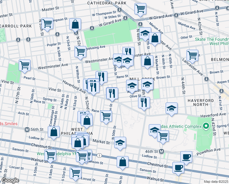 map of restaurants, bars, coffee shops, grocery stores, and more near 5009 Aspen St in Philadelphia