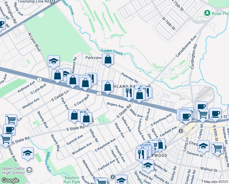 map of restaurants, bars, coffee shops, grocery stores, and more near 2 Englewood Road in Delaware County