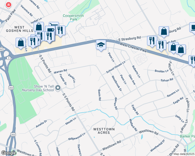 map of restaurants, bars, coffee shops, grocery stores, and more near 1145 School House Lane in West Chester