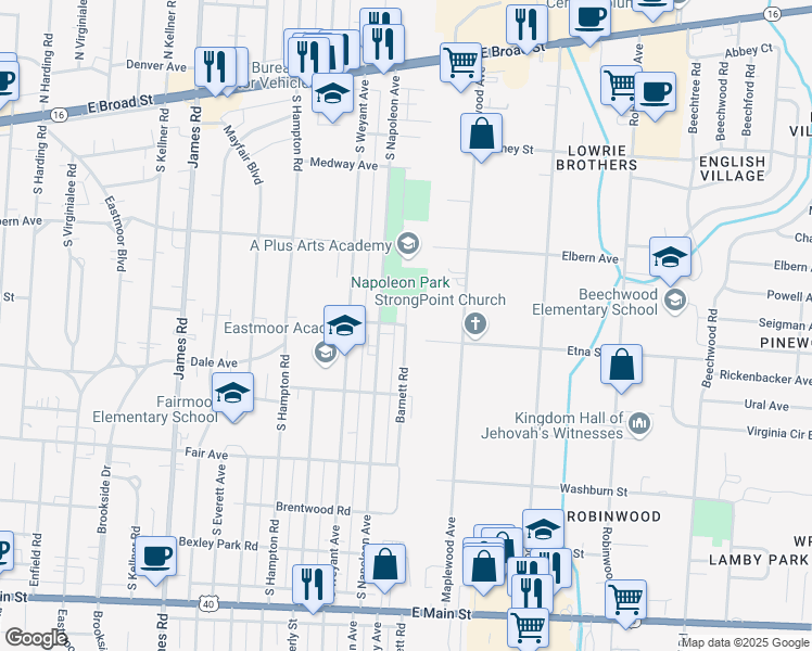 map of restaurants, bars, coffee shops, grocery stores, and more near Barnett Road in Columbus