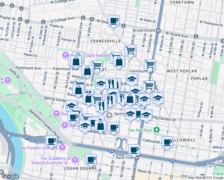map of restaurants, bars, coffee shops, grocery stores, and more near 1702 Mount Vernon Street in Philadelphia