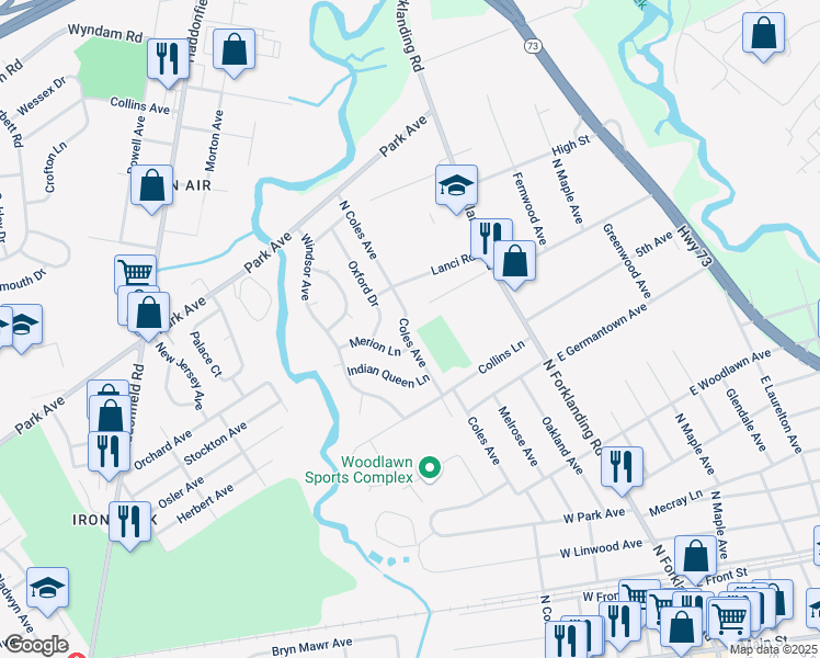 map of restaurants, bars, coffee shops, grocery stores, and more near 537 North Coles Avenue in Maple Shade