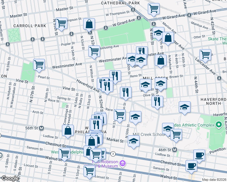 map of restaurants, bars, coffee shops, grocery stores, and more near 5052 Aspen Street in Philadelphia