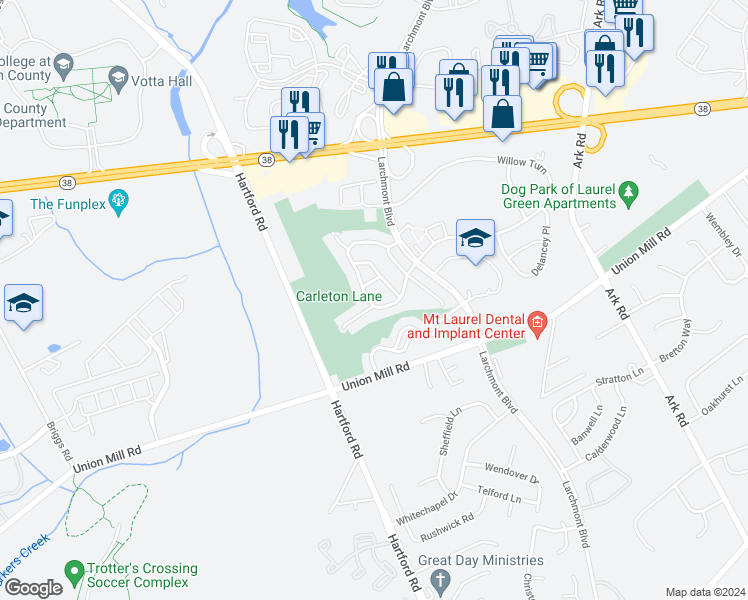 map of restaurants, bars, coffee shops, grocery stores, and more near 304 Carlton Lane in Mount Laurel