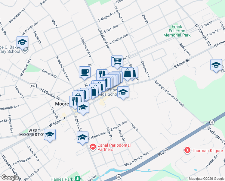 map of restaurants, bars, coffee shops, grocery stores, and more near 48 East Main Street in Moorestown