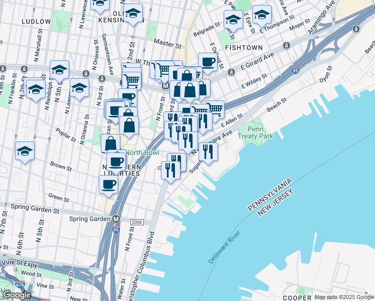map of restaurants, bars, coffee shops, grocery stores, and more near 982-88 North Delaware Avenue in Philadelphia