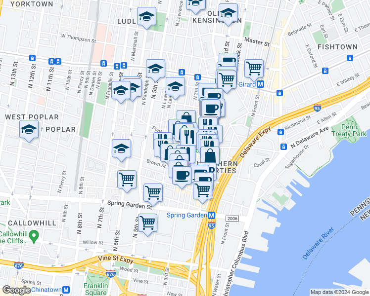 map of restaurants, bars, coffee shops, grocery stores, and more near in Philadelphia