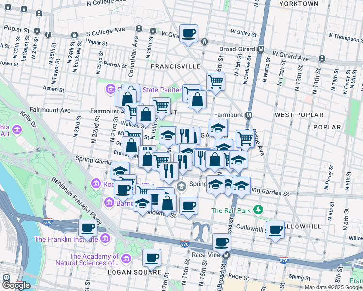 map of restaurants, bars, coffee shops, grocery stores, and more near 1705 Green Street in Philadelphia
