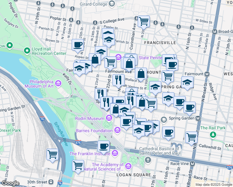 map of restaurants, bars, coffee shops, grocery stores, and more near in Philadelphia