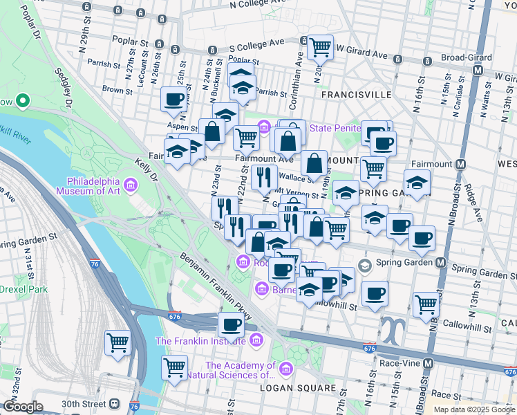 map of restaurants, bars, coffee shops, grocery stores, and more near in Philadelphia
