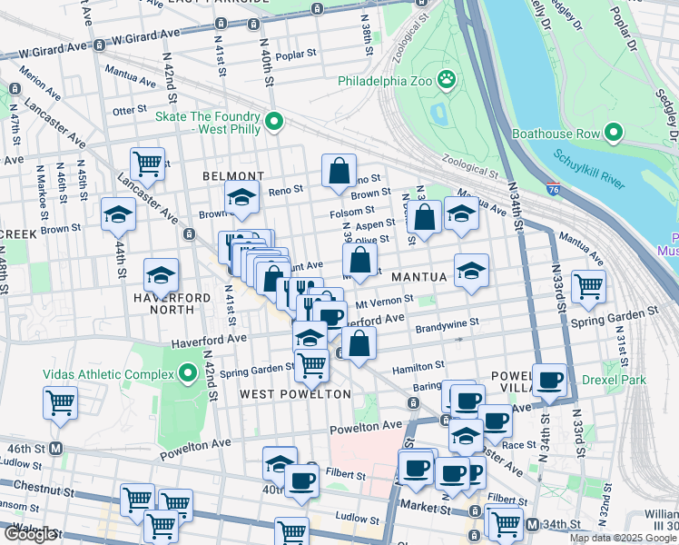 map of restaurants, bars, coffee shops, grocery stores, and more near 3919 Wallace Street in Philadelphia