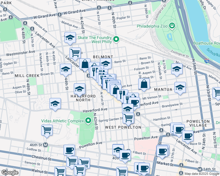 map of restaurants, bars, coffee shops, grocery stores, and more near 4040 Lancaster Avenue in Philadelphia