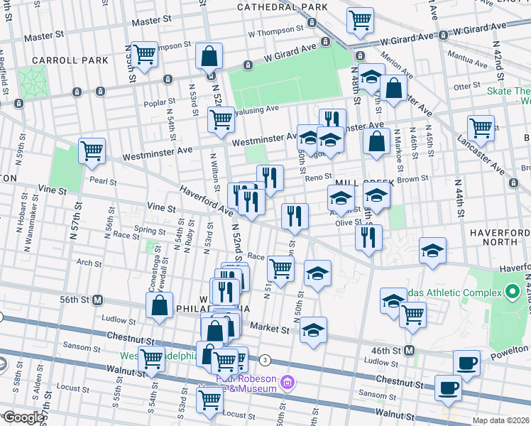 map of restaurants, bars, coffee shops, grocery stores, and more near 5052 Aspen Street in Philadelphia