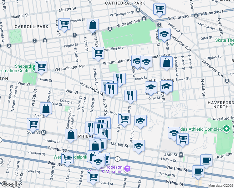 map of restaurants, bars, coffee shops, grocery stores, and more near 5156 Haverford Avenue in Philadelphia