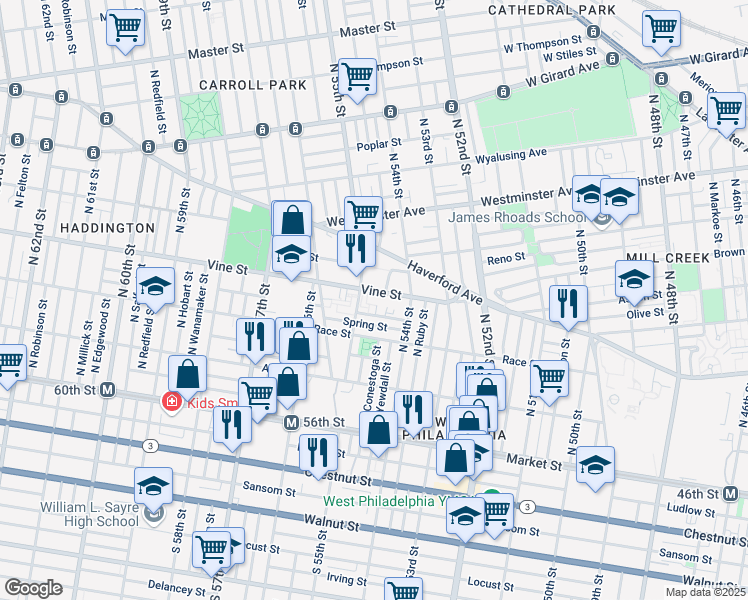 map of restaurants, bars, coffee shops, grocery stores, and more near 5458 Summer Street in Philadelphia