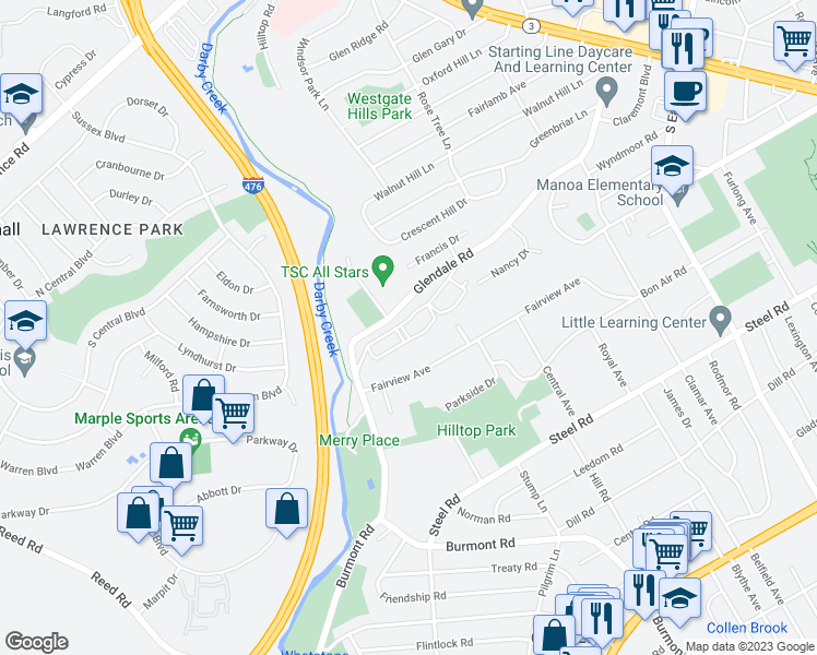 map of restaurants, bars, coffee shops, grocery stores, and more near 400 Glendale Road in Havertown