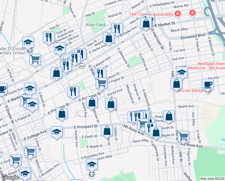 map of restaurants, bars, coffee shops, grocery stores, and more near 319 Norway Street in York