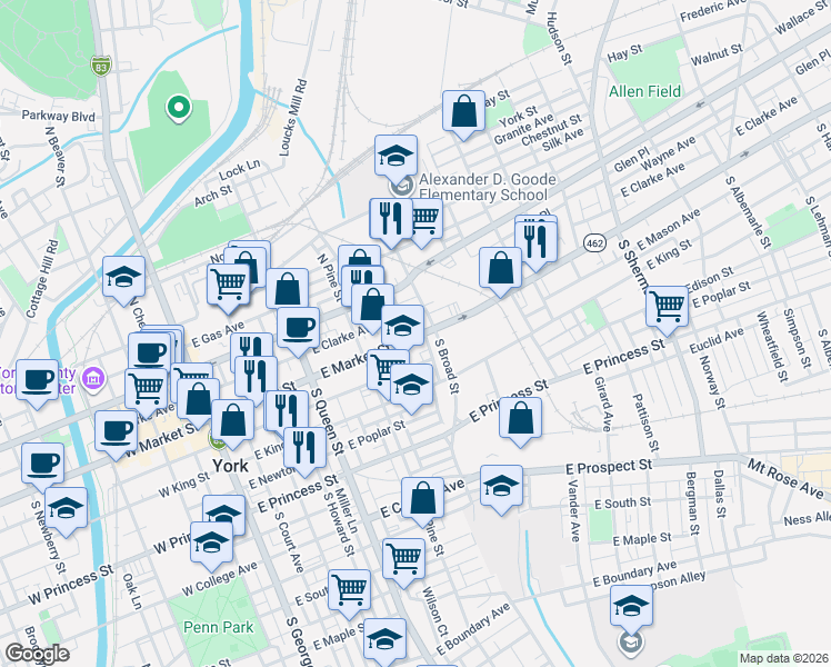 map of restaurants, bars, coffee shops, grocery stores, and more near 332 Lincoln Highway in York