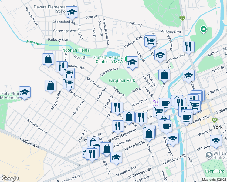 map of restaurants, bars, coffee shops, grocery stores, and more near 438 Lincoln Street in York