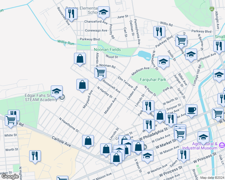 map of restaurants, bars, coffee shops, grocery stores, and more near 485 Madison Avenue in York
