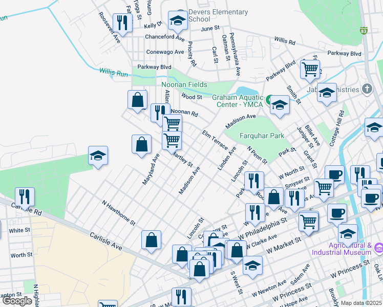 map of restaurants, bars, coffee shops, grocery stores, and more near 485 Madison Avenue in York