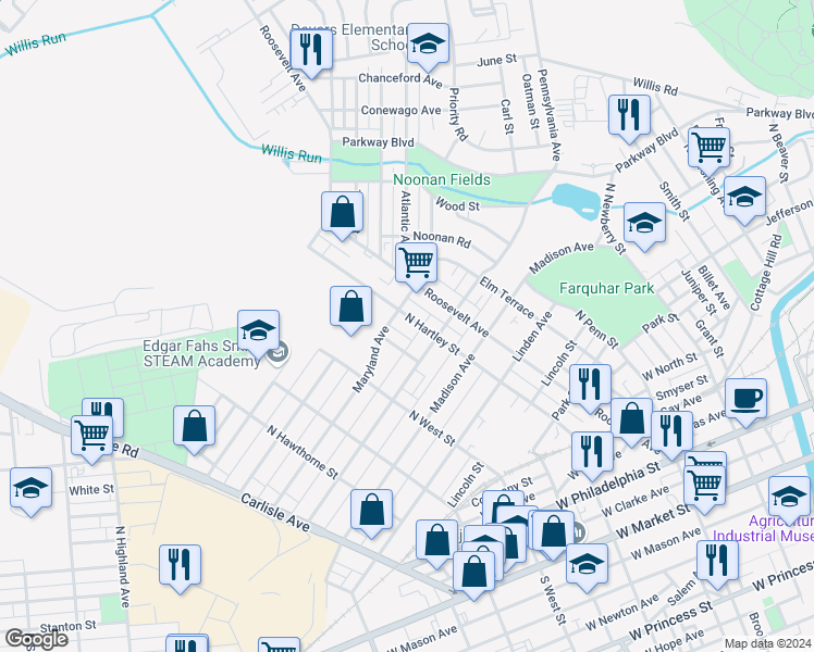 map of restaurants, bars, coffee shops, grocery stores, and more near 737 Manchester Street in York