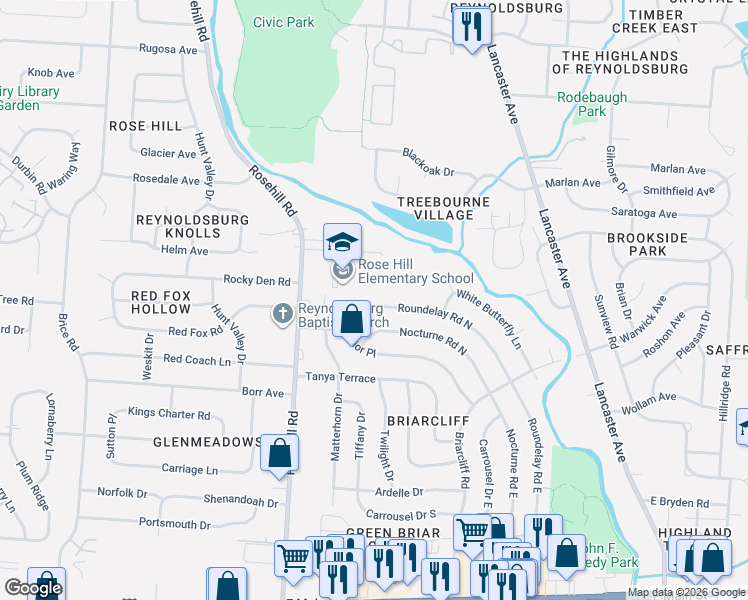 map of restaurants, bars, coffee shops, grocery stores, and more near 6897 Roundelay Road North in Reynoldsburg