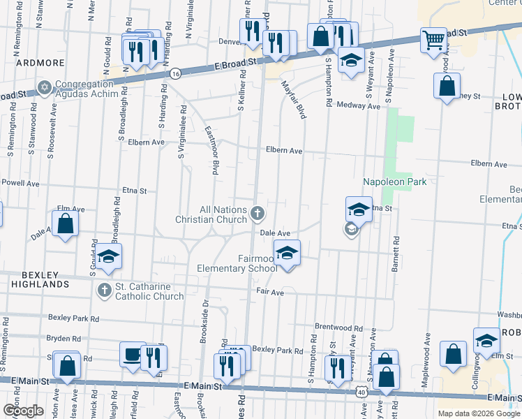 map of restaurants, bars, coffee shops, grocery stores, and more near 350 South James Road in Columbus