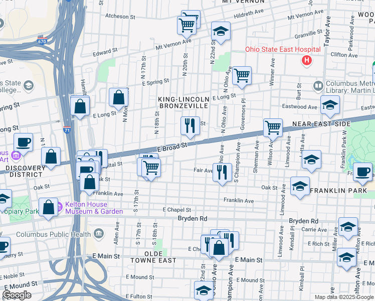 map of restaurants, bars, coffee shops, grocery stores, and more near 1044 Madison Avenue in Columbus