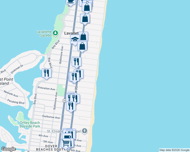map of restaurants, bars, coffee shops, grocery stores, and more near 2202 Oceanfront in Lavallette