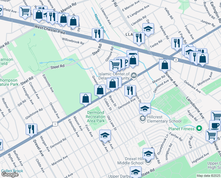 map of restaurants, bars, coffee shops, grocery stores, and more near 2806 Township Line Road in Drexel Hill