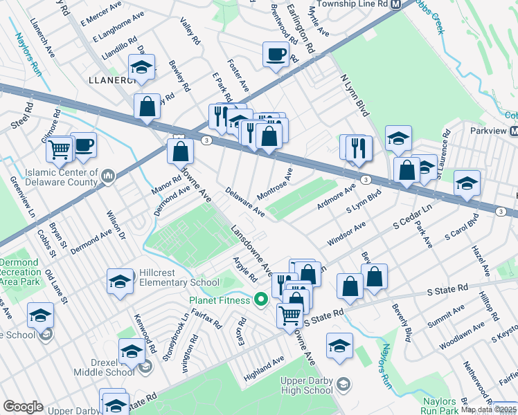 map of restaurants, bars, coffee shops, grocery stores, and more near 8323 Delaware Avenue in Upper Darby