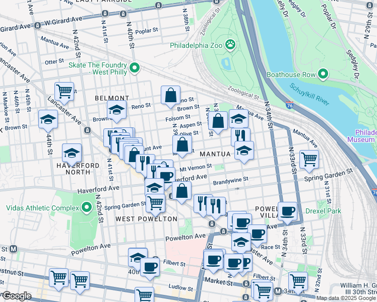 map of restaurants, bars, coffee shops, grocery stores, and more near 3851 Melon Street in Philadelphia
