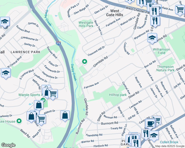 map of restaurants, bars, coffee shops, grocery stores, and more near 400 Glendale Road in Havertown