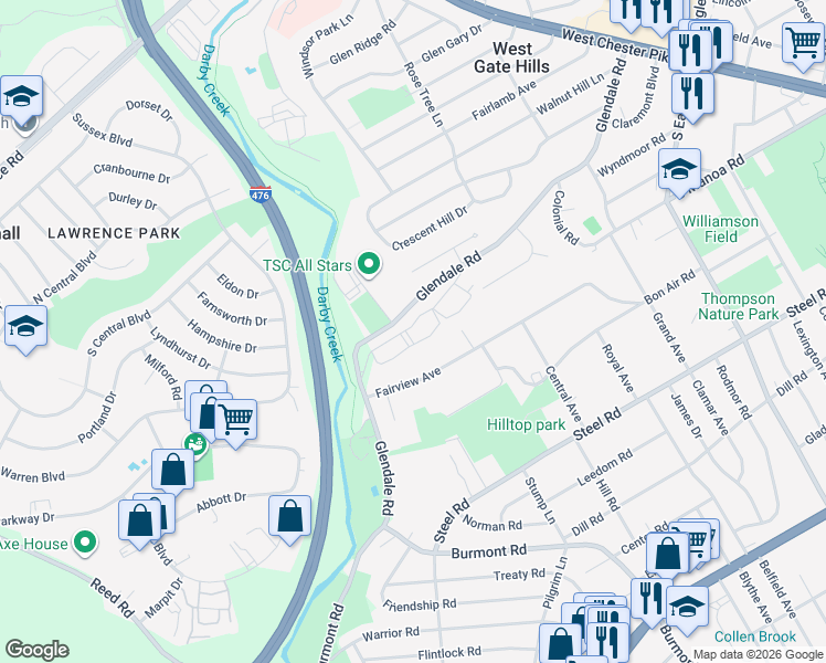 map of restaurants, bars, coffee shops, grocery stores, and more near 1424 Fairview Avenue in Havertown