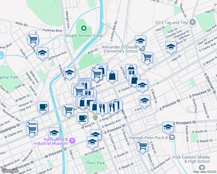 map of restaurants, bars, coffee shops, grocery stores, and more near 139 East Philadelphia Street in York