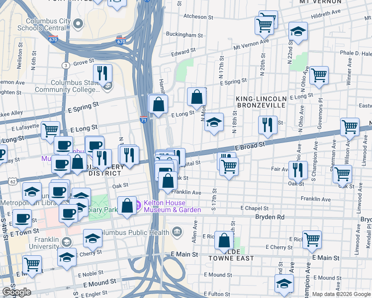 map of restaurants, bars, coffee shops, grocery stores, and more near 760 East Broad Street in Columbus