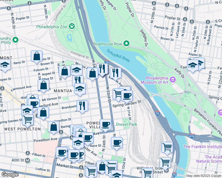 map of restaurants, bars, coffee shops, grocery stores, and more near 3229 Mount Vernon Street in Philadelphia