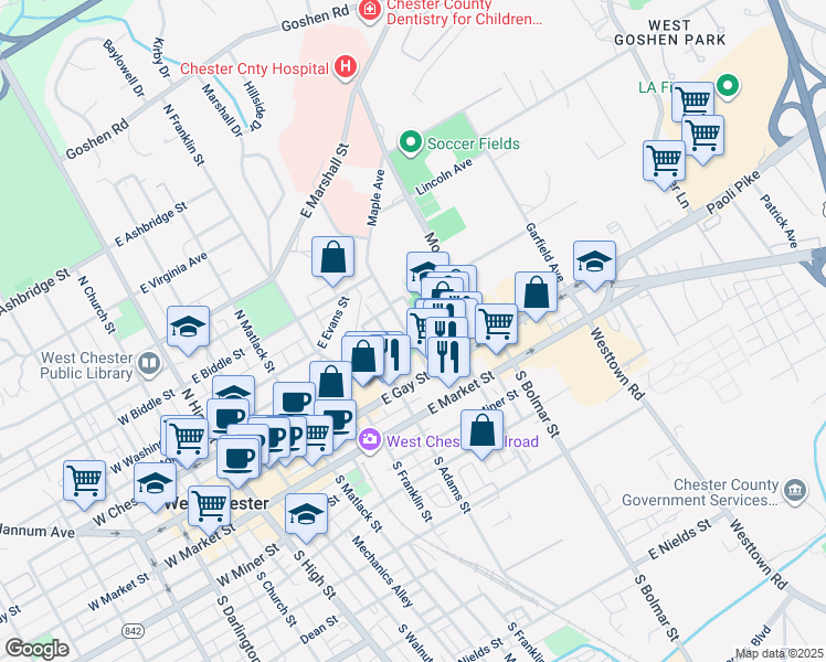 map of restaurants, bars, coffee shops, grocery stores, and more near 205 North Penn Street in West Chester