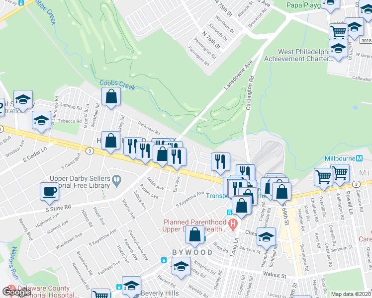 map of restaurants, bars, coffee shops, grocery stores, and more near 51 Sunshine Road in Upper Darby
